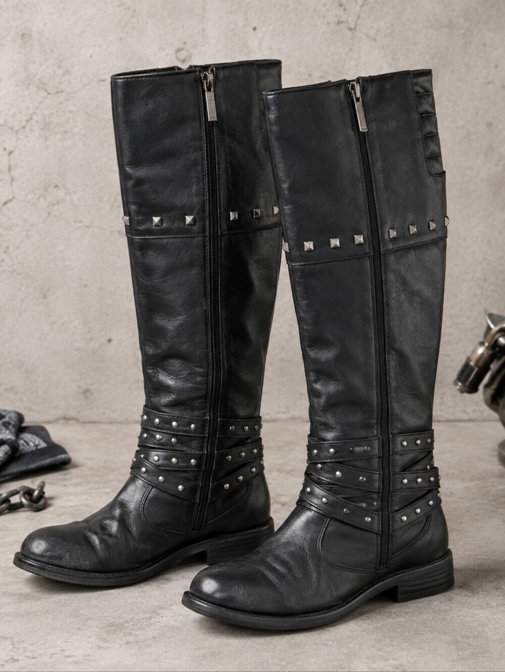 Harley-Davidson Black Leather Knee High Studded Riding Boots Size 7.5